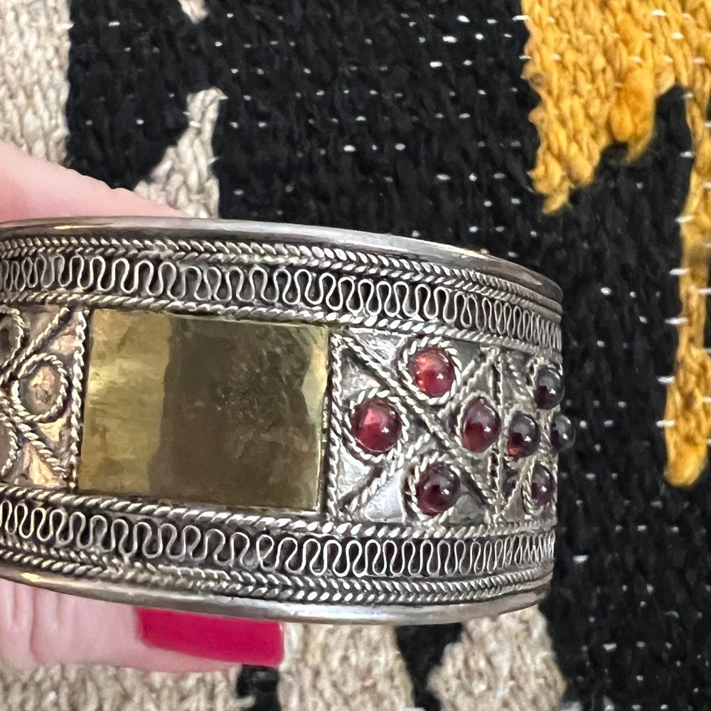 ❤️ Old Pawn Ethnic 12 Gemstone 925 Cuff 32.2 Gm Decorative Scroll Motifs - Picture 8 of 15